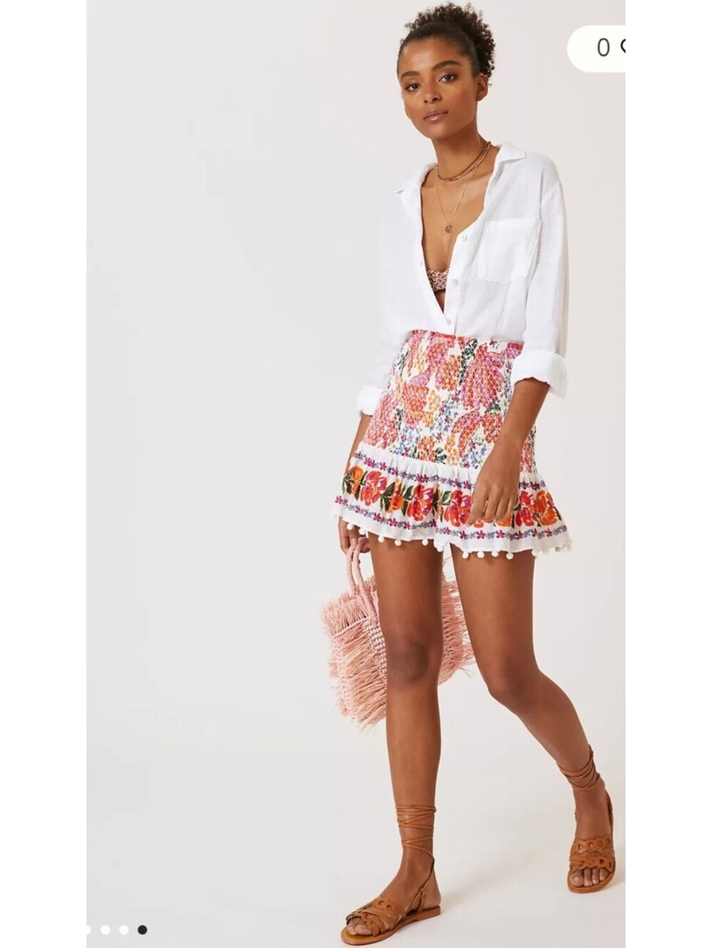 Boho Farm Rio Smocked Spring Bananas Mini Skirt Floral Pom Pom Detail S